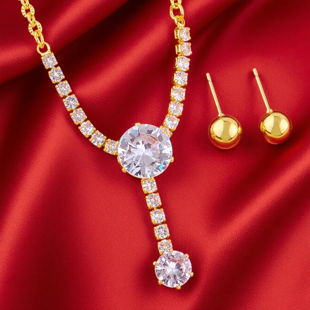 Full of Rhinestones 18K Gold Plated Stainless Steel Earrings Necklace New Trendy Zircon Jewelry Simple Wedding Jewelry