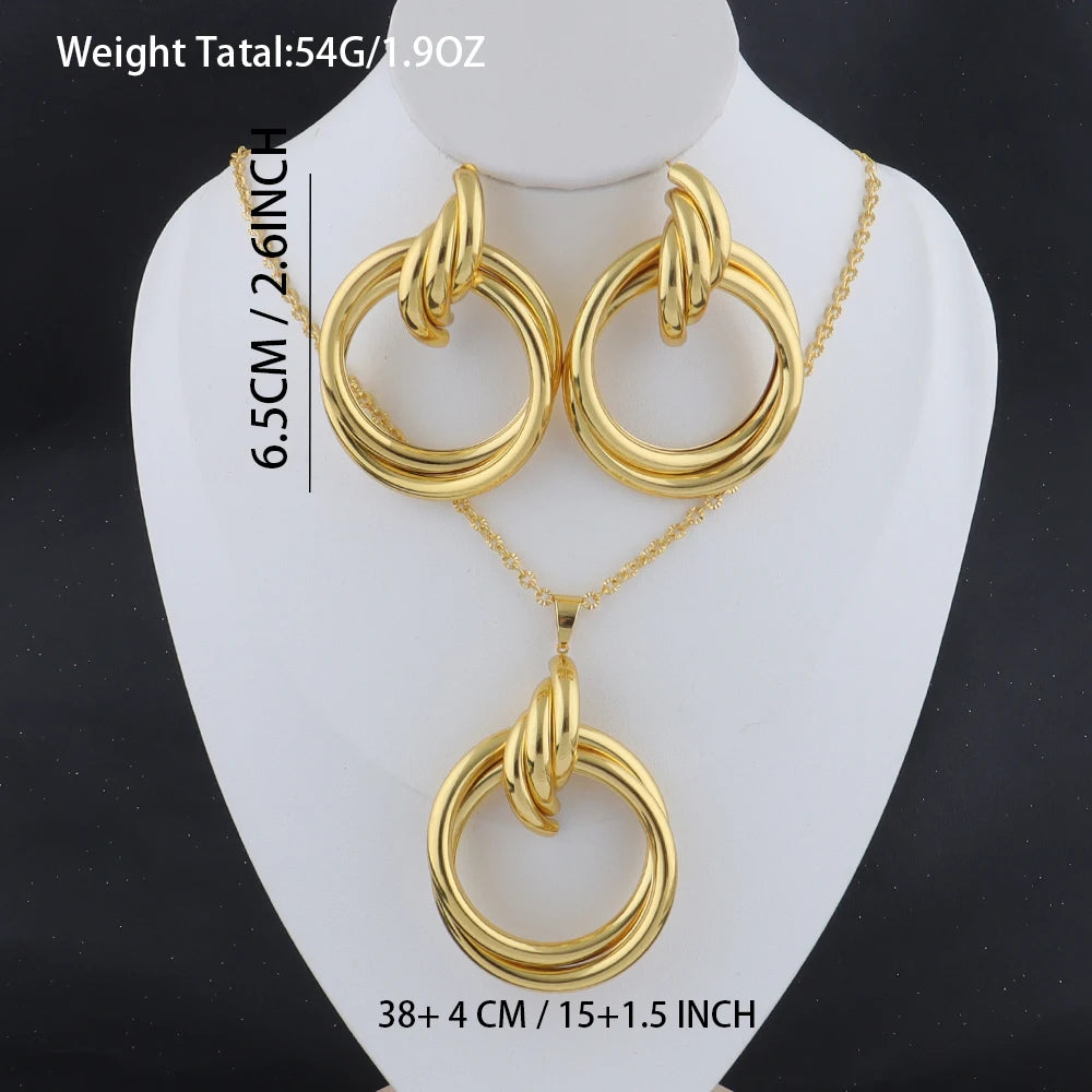 New Fashion Stainless Steel Gold Color Interlocking Circles Roman Numbers Jewelry Sets Women 4pcs Waterproof Jewelry Set Gift