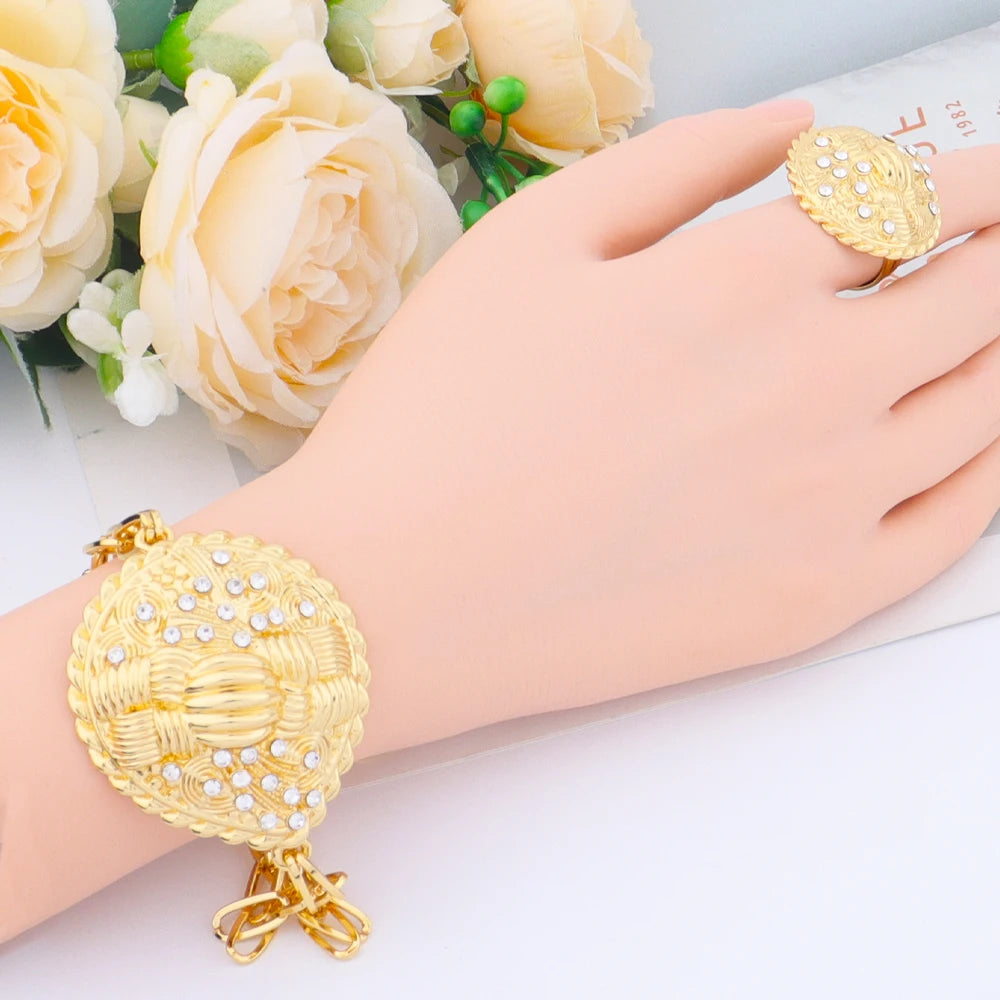 Luxury Shine Gold Plated Necklace Earrings Bracelet Ring Set for Women Dubai African Noble Desgin Jewelry Gift for Party Wedding