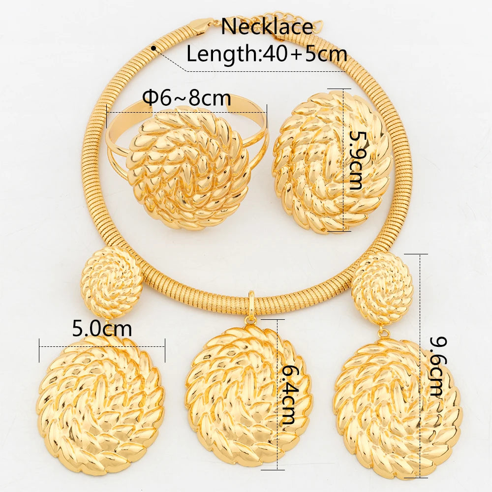 YM Gold Color Jewelry Set Luxury Large Necklace Cuff Bracelet Adjustable Ring Nigerian Wedding Earrings African Jewelry Accessor - YUEMING JEWELRY