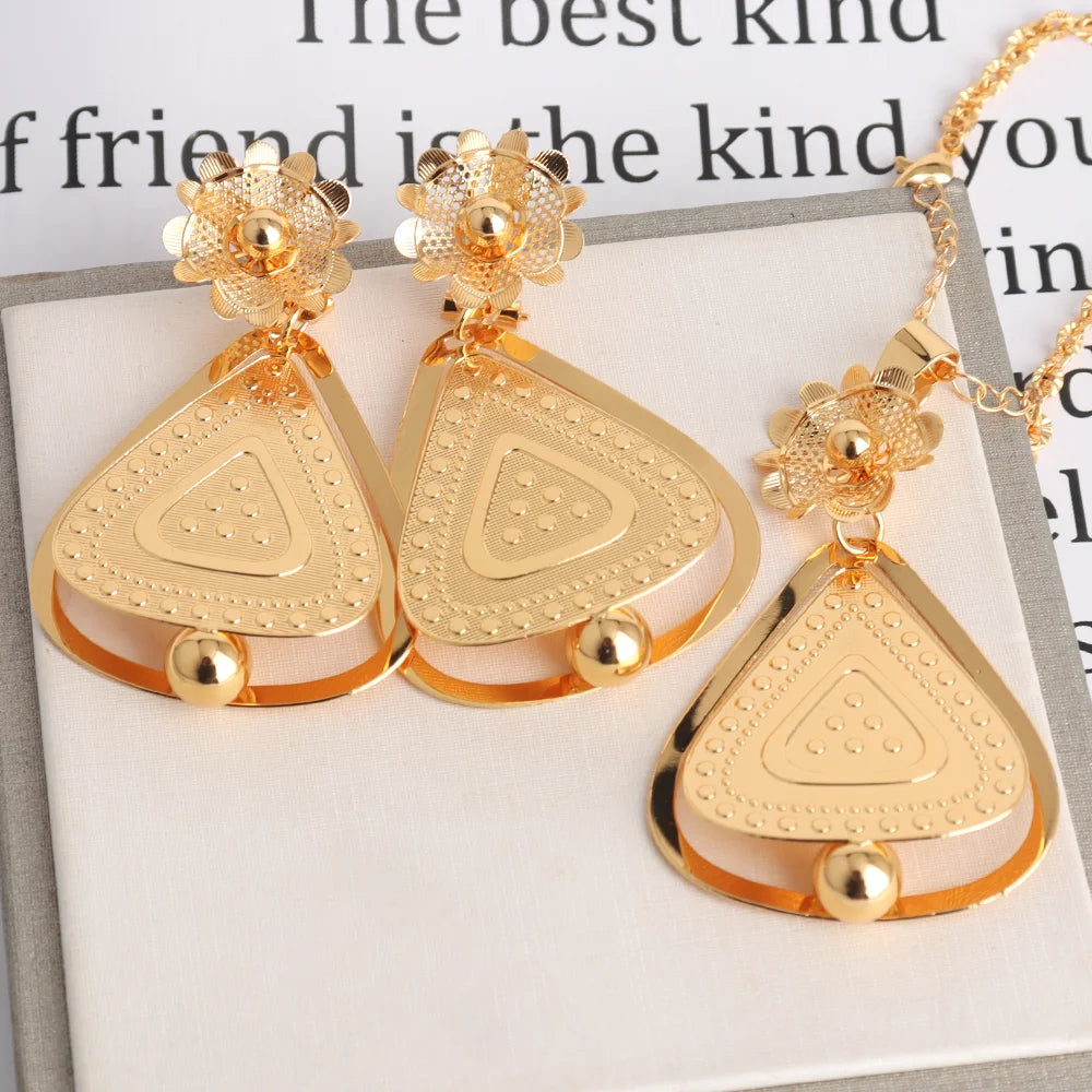 African Gold Color Women Necklace and Earrings Trend Dubai Flower Hollow Out Jewelry Set Gift For Party Wedding Daily Accessorie