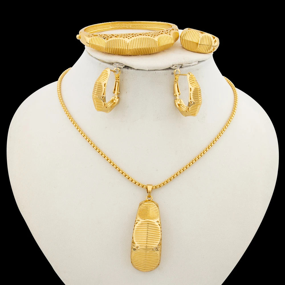 Fashion Jewelry Set for Women 18k Gold Plated Necklace and Earrings with Bracelet Ring Set for Weddings Party Jewelry Set Gifts