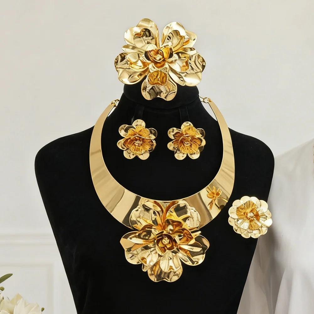 gold jewelry sets Flower Shape Women Luxury Gold Color Bangle Ring necklace and earrings set For Wedding Accessories Party