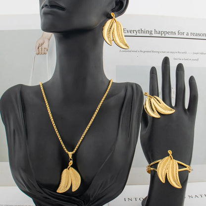 Dubai Petal Earrings Design Luxury Gold Color Jewelry Set Elegant Women African Trend Bangle Necklace Ring Wedding Party Gift