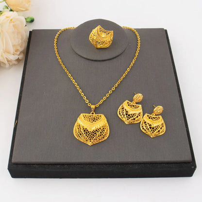 Nigerian Crown Shape Jewelery Set For Women Dubai Gold Color Earrings Bridal Ring African Necklace Gift For Mother's Day Wedding