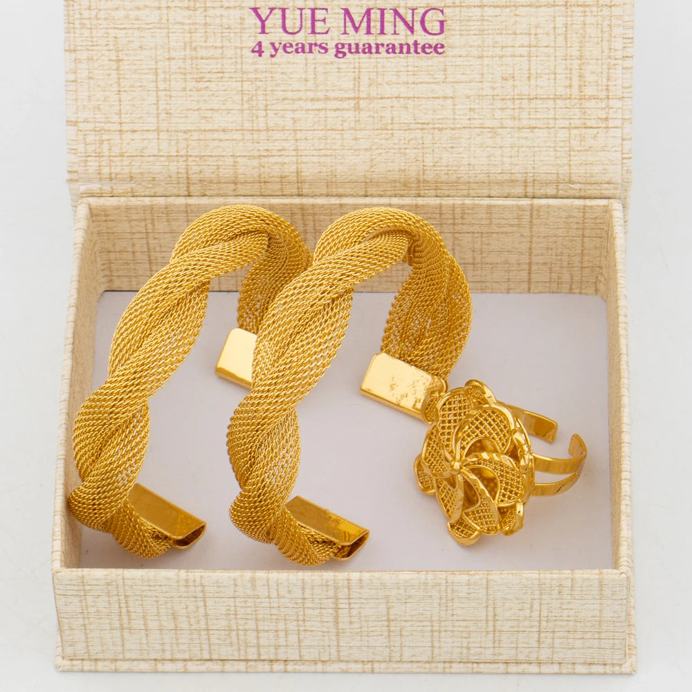 Dubai Trend Jewelry Set for Women, Gold Color Cuff Bangle with Ring, New Design, Beads Bracelet, Wedding Accessories, Bridal Jew