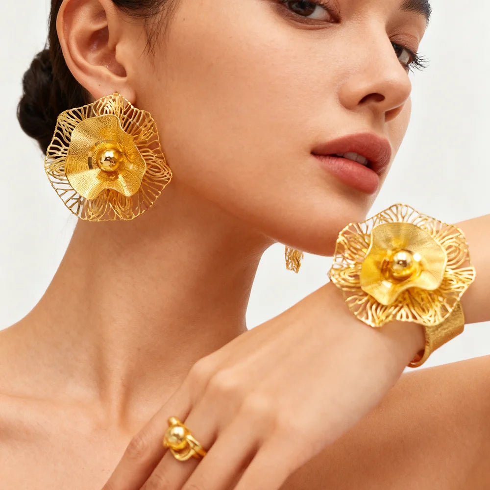 gold color jewelry set weddings bangle ring Earrings Stainless steel 18k gold plated jewelry set Free shipping for festival gift