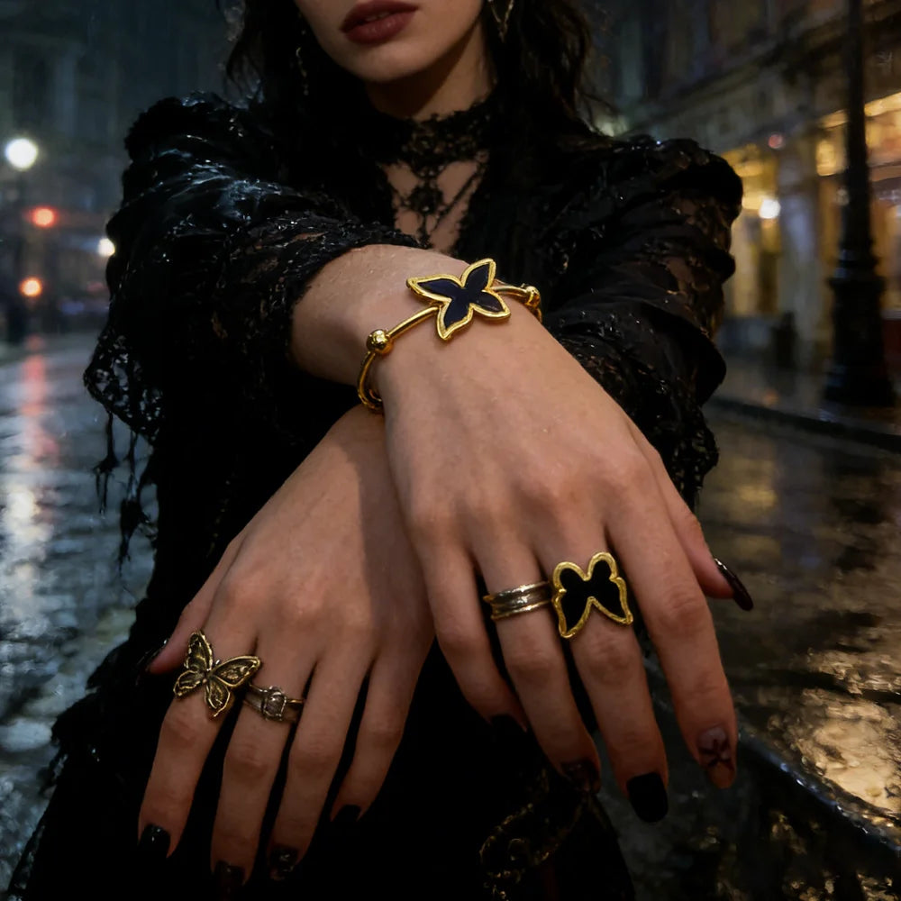 Stainless Steel Women's Gold Plated Bracelet Set, Gothic Ring Double Sided Black Butterfly Promotional Jewelry Set