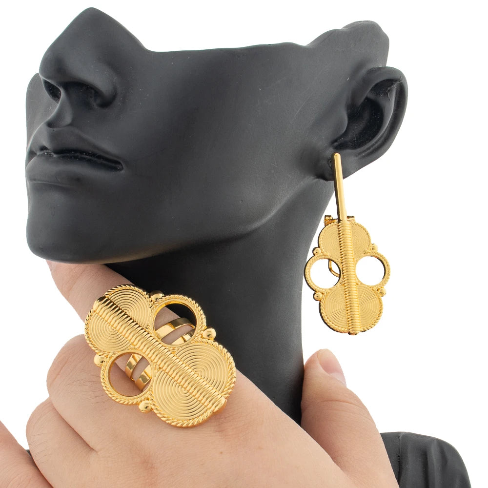 Women's Large Design Fashion Jewelry Set Daily Wear Earrings And Finger Ring 2Pcs African Wedding Ear Accessories