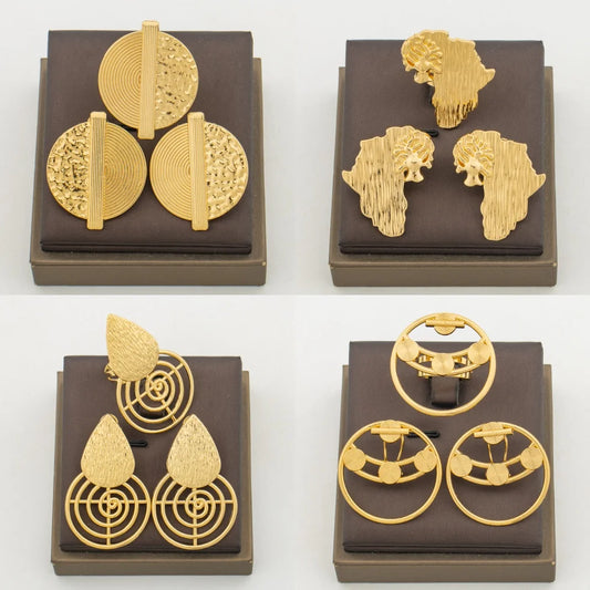 4Set/lot Earrings and Ring Jewelry Set for Party African 18k Gold Color Clip Earrings Finger Ring 2Pcs Set for Engagement Gifts