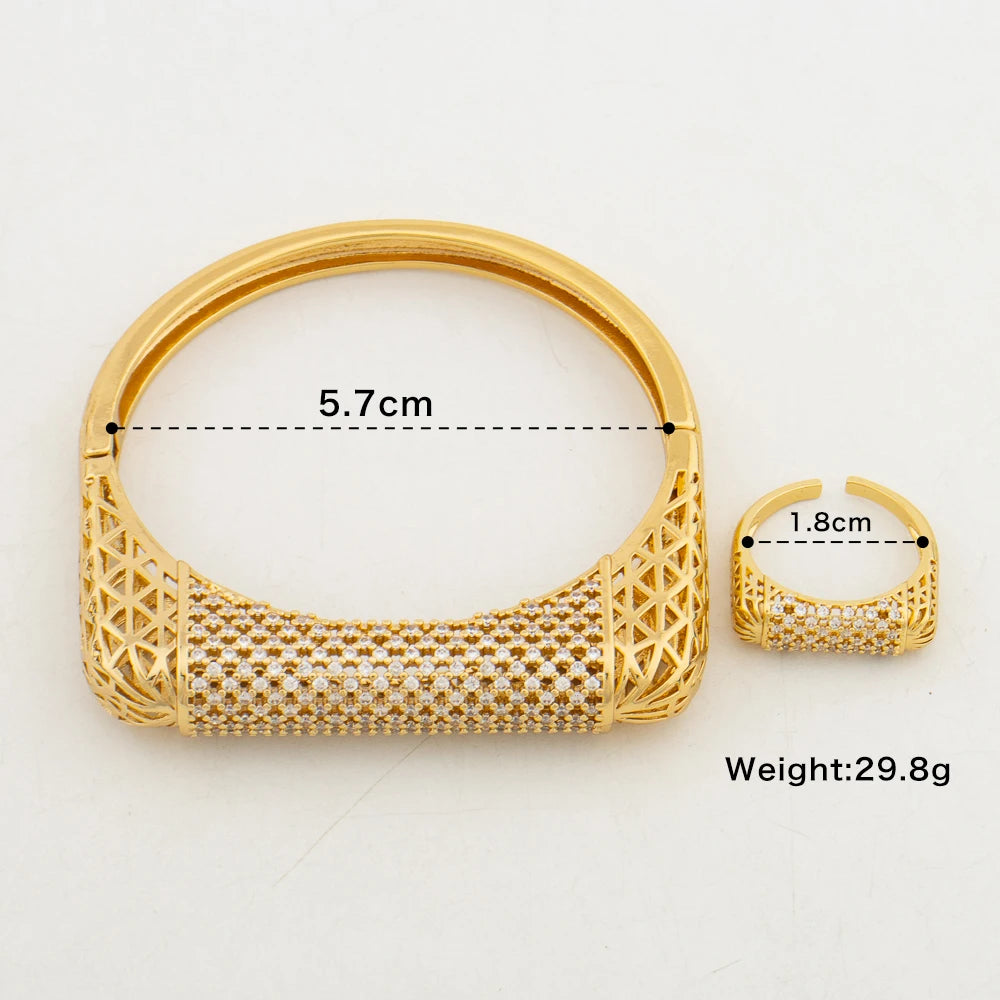 Crystal Design Bangle with Ring for Wedding Bride Gold Color Hand Bracelet Finger Ring Luxury Ladies Jewellery Woman Jewelry Set