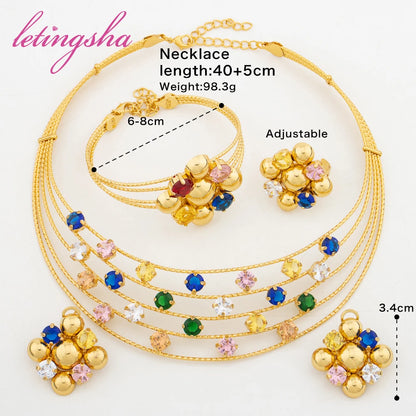 African Colorful Zircon Inlay Necklace Clip Earrings Cuff Bangle Ring Set Luxury Gold Color Jewelry Set for Women Weddings Party