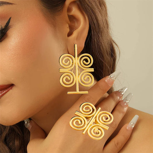 African 18k Gold Color Jewelry Set for Party Clip Earrings and Finger Ring 2Pcs Set for Engagement Dubai Earrings Ring Jewelry