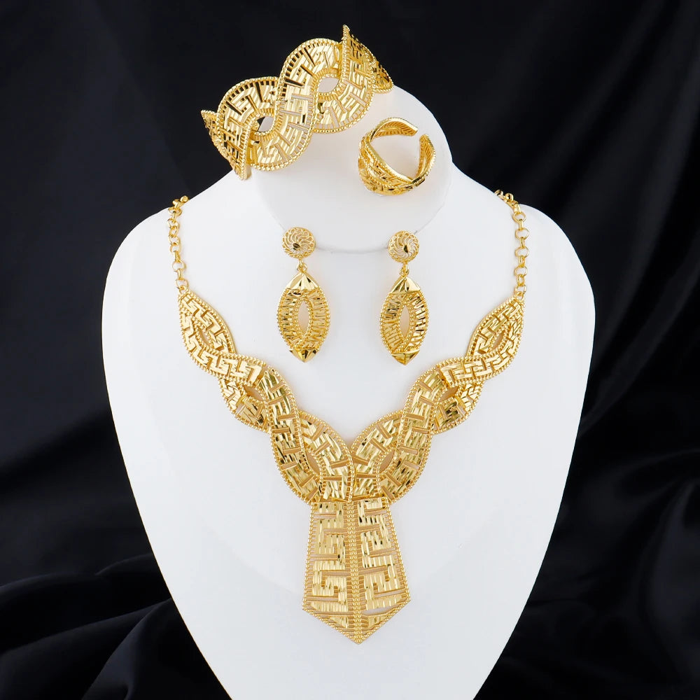 GOLD COLOR JEWELRI 24k gold Plated jewelry set weddings earrings necklace  ring Accessory luxury Party Gifts