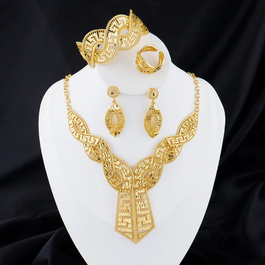 GOLD COLOR JEWELRI 24k gold Plated jewelry set weddings earrings necklace  ring Accessory luxury Party Gifts