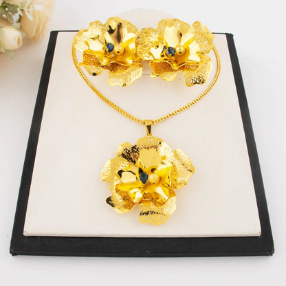 Dubai Luxury Flower Shape Women Jewelry Nigeria Wedding Zircon Collection Earrings Gold Color Bridal Necklace Pendant For Party