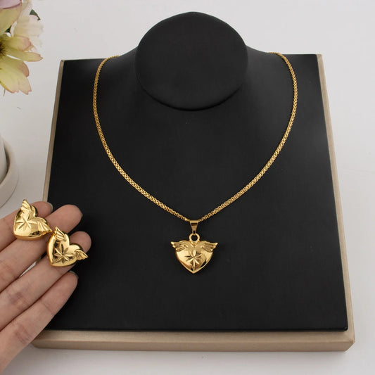 France Gold Color Heart Shape Jewelry Set For Women Vintage Pendant Necklace Heart Wing Earrings Romantic Gift For Daily Wear