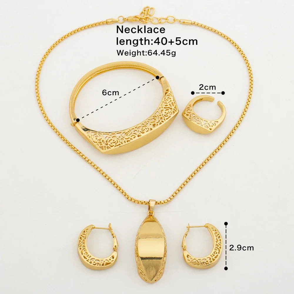 Fashion Women Jewelry Set for Party Pendant Necklace and Hoop Earrings Gold Color Copper Bridal Necklace Jewelry Accessories