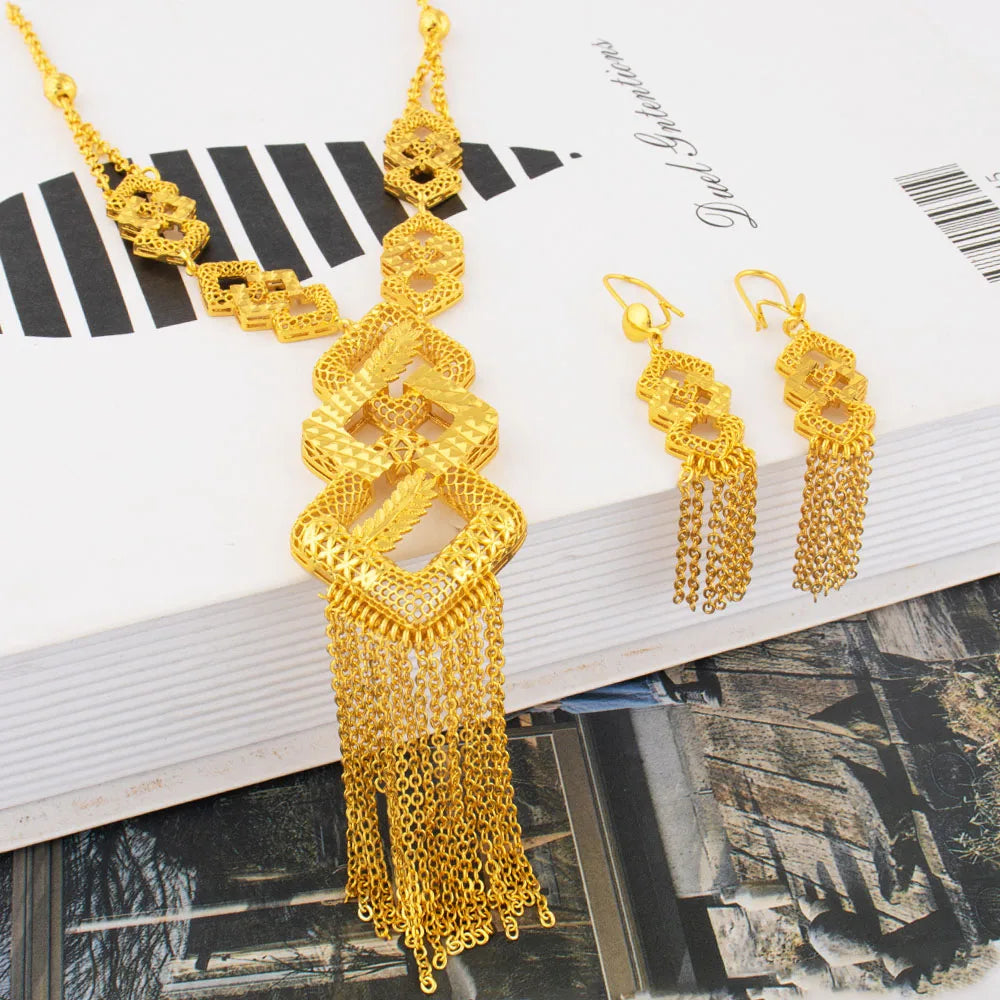 Plated Indian Bridal Jewelry Set: Long Pendant Necklace & Earrings for Women, Nigeria African Dubai Wedding Gift, Elega