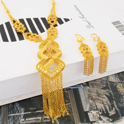Plated Indian Bridal Jewelry Set: Long Pendant Necklace & Earrings for Women, Nigeria African Dubai Wedding Gift, Elega
