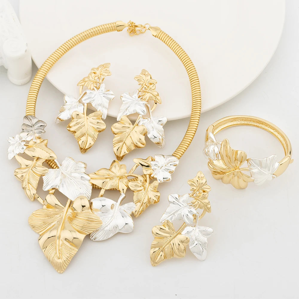 gold plated jewelry sets Leaf Shape Bangle Ring necklace and earrings set Two-tone Original Jewellery Anniversary Gifts