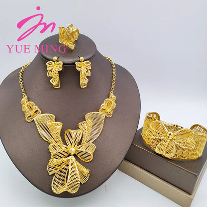 YM Gold Plated Jewelry Set for Women Copper Necklace Earrings Dubai African Party Bridal Wedding Gifts Arabic Cuff Bangles Rings