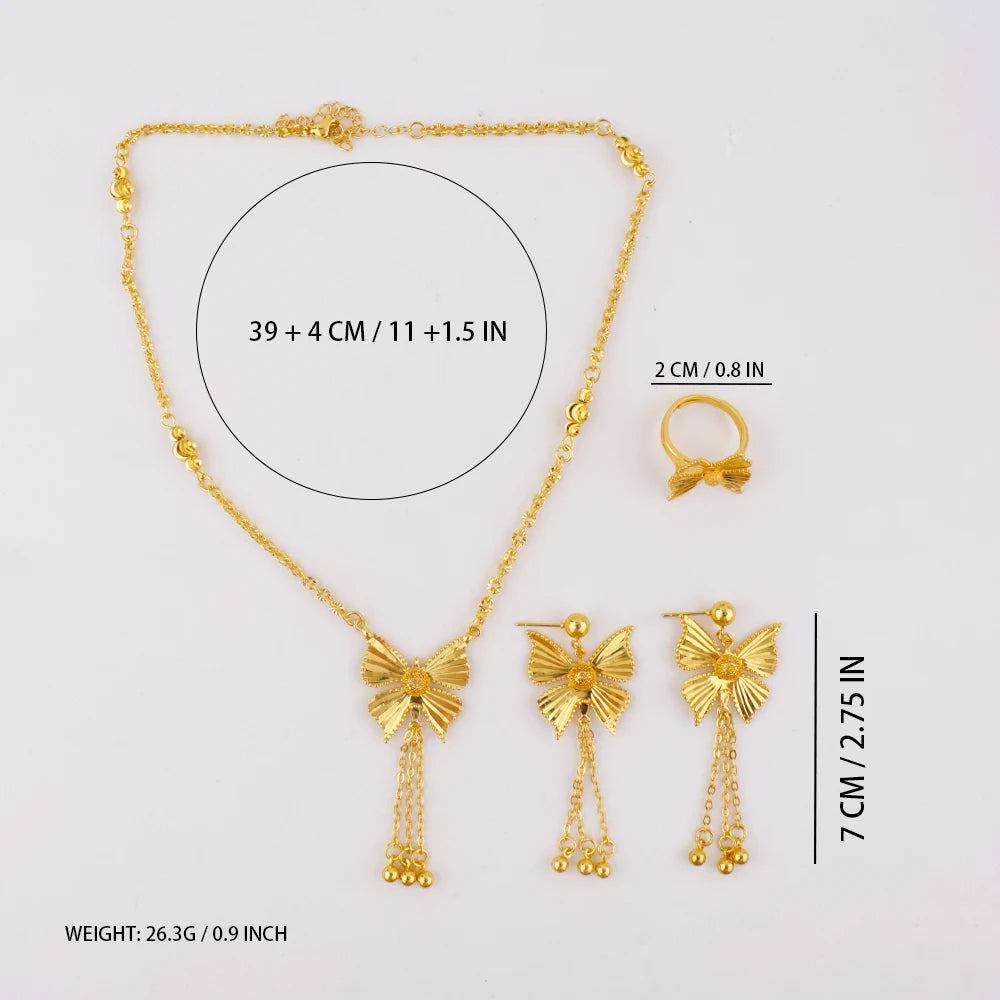 Luxury Gold-Tone Tassel Jewelry Set: Middle-East Inspired Necklace, Drop Earrings & Ring for Dubai African Party Glamour