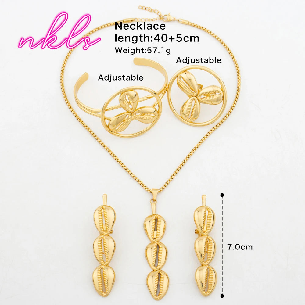 African Classic Shell Design Necklace Earrings Bangle Ring Trendy Gold Color Jewelry Set Nigerian Fashion Elegant Jewellery