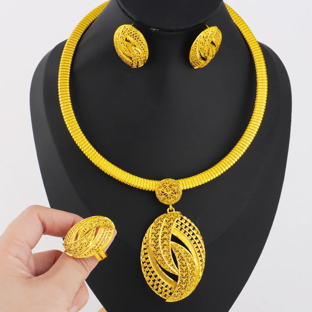 Gold plated Copper Jewelry Set India Dubai Gold Jewelry Nigerian Jewelery Set Wedding Jewelry Bridal Necklace Earring Ring Gift