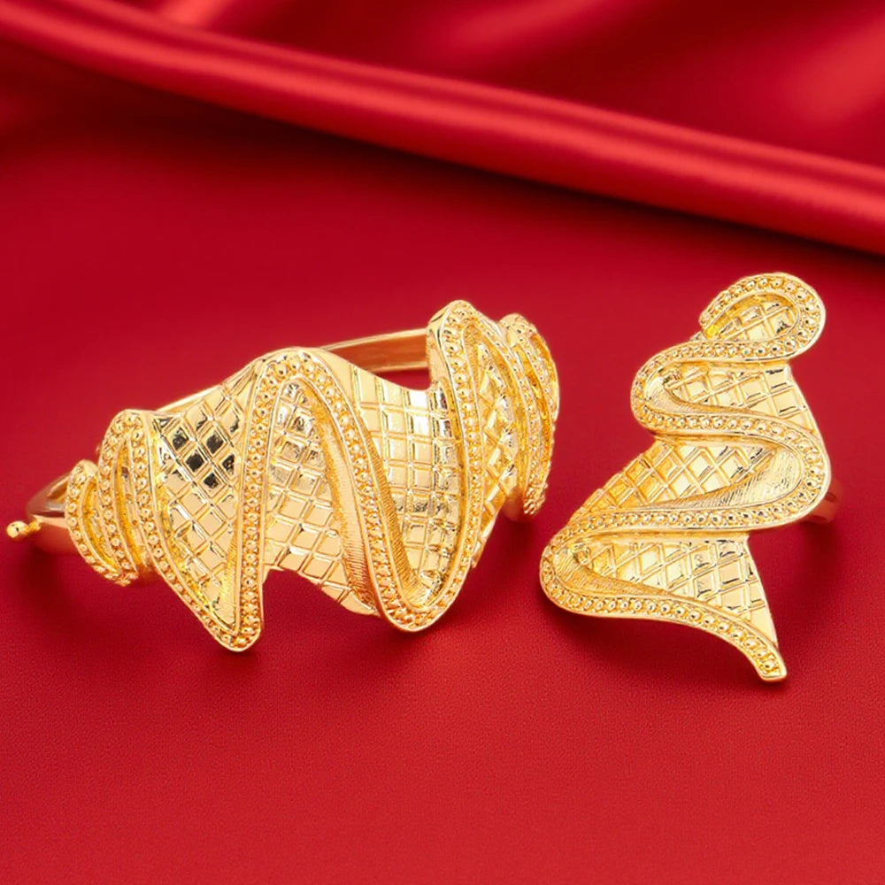 African Fashion Earrings Necklace Ring Bracelet Jewelry Set for Women Luxury Gold Color unique Design Italy Wedding Gift