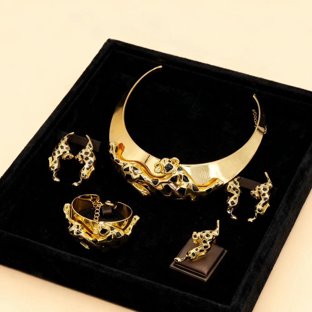 Gold Plated Necklace and earrings set for women Leopard Animal Dangle Earrings Bracelet Ring Banquet Party Fashion Jewellery