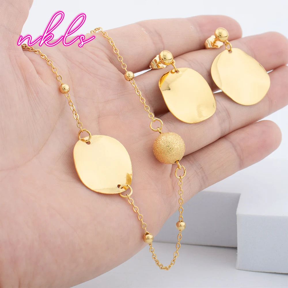 Dubai Copper Gold Plated Statement Necklace Bohemian Stud Earings Jewelry Set Vintage Fashion Long Necklaces for Women Gifts