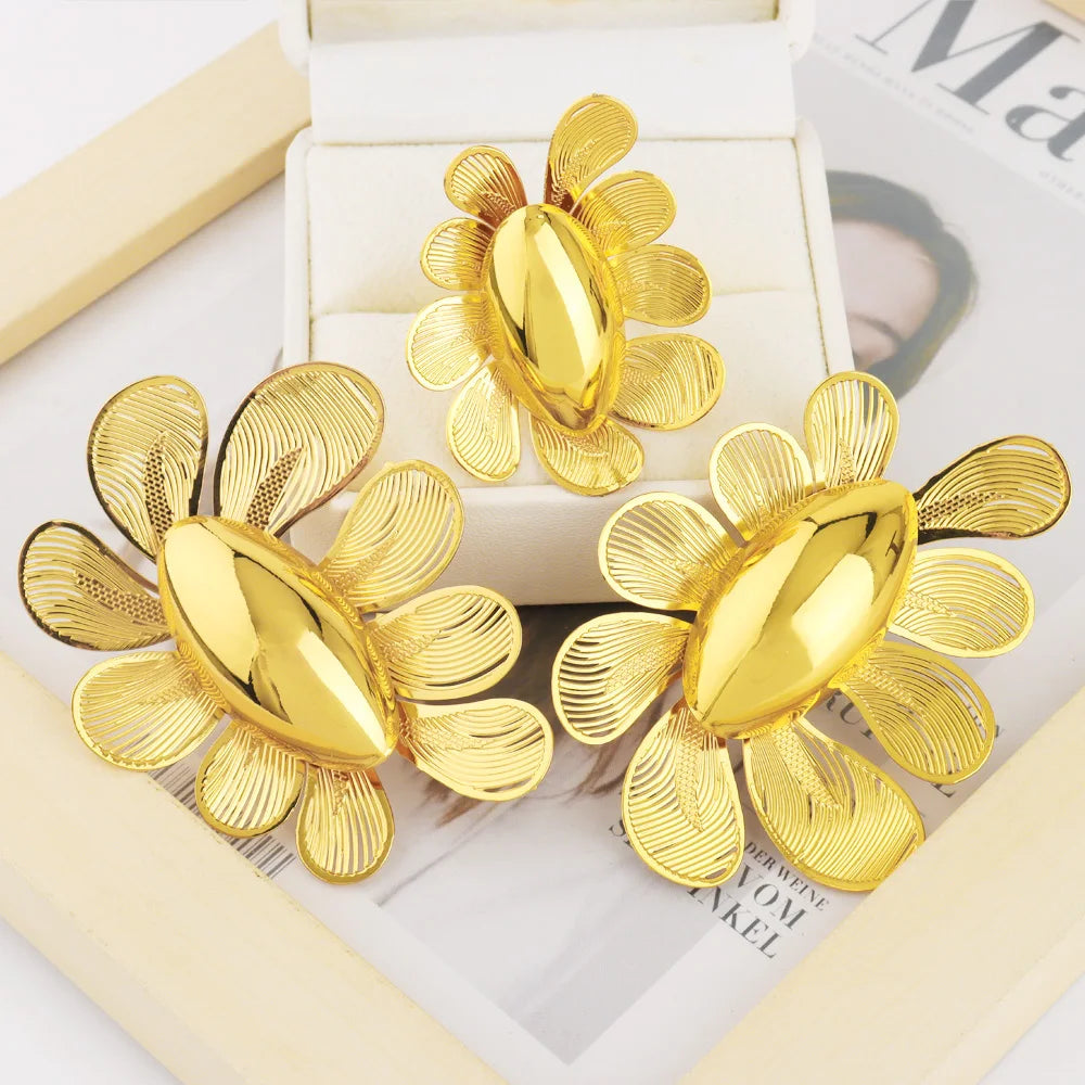 18K Gold Plated Nigeria Flower Open Ring & Earrings Set, Luxury Metal Jewelry for Women, Party Mother’s Day Gift, Fashion Jewel
