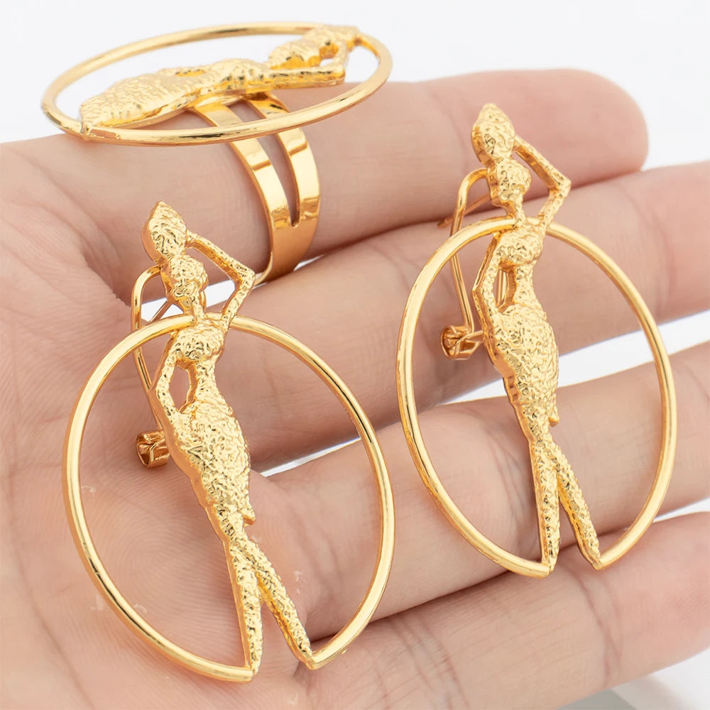 Elegant Women's Jewelry Set Dubai 18K Gold Plated Earrings for Women Cuff Bangles Adjustble Rings Necklace Wedding AccessorIes - YUEMING JEWELRY