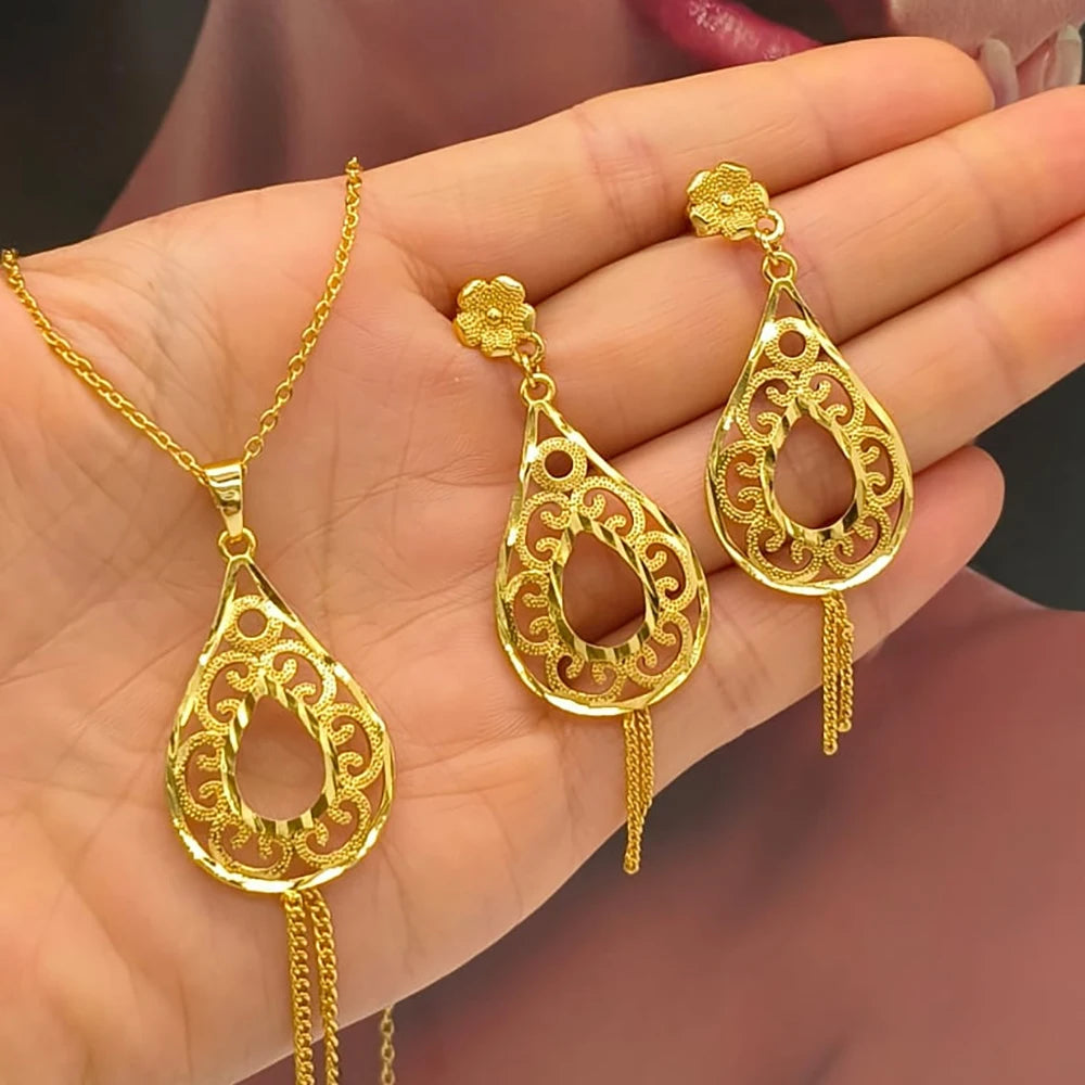 18K Gold African Hollow-Out Drop Earring Set & Necklace – 2Pcs Jewelry Set for Women, Elegant Engagement Party Gift