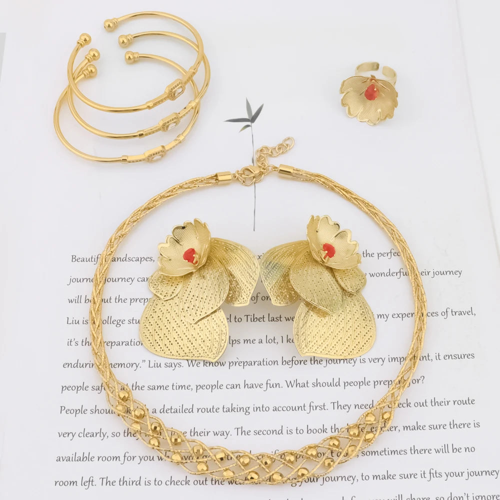 2025 Flower Jewelry Sets for African Women—Earrings, Necklace, Ring & Bangle Gift for Party Valentine’s, Chic Jewelry