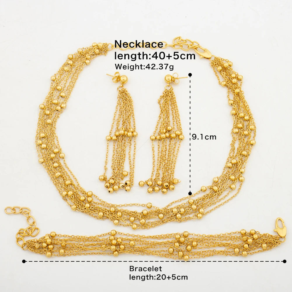 Luxury Gold Color Jewelry Set for Bridal Small Beads Design Tassel Necklace and Dangle Earrings African Hand Bracelet Jewelry