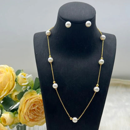 Women Simple Pearl Beads Exquisite Earrings Necklace Gold Color Thin Chain France Gentle Minimalist Daily Wedding Jewelry Set