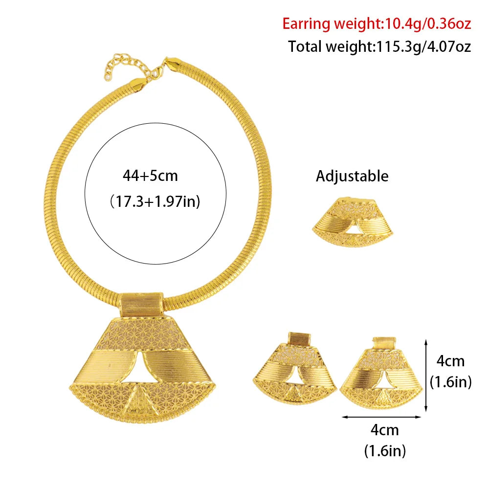 Dubai Elegant Ladies Geometric Fan-Shaped Gold-Plated Earrings Necklace Set Clavicle Chain Ear Hook for Women Holiday Gift