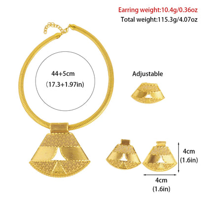 Dubai Elegant Ladies Geometric Fan-Shaped Gold-Plated Earrings Necklace Set Clavicle Chain Ear Hook for Women Holiday Gift