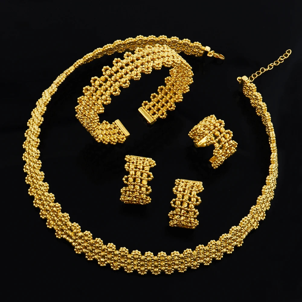 Luxury 24K Gold Plated Jeweler Necklace Bracelet Ring Earrings Set for Women Bride Charms Jewelry Set Gift for Party Wedding