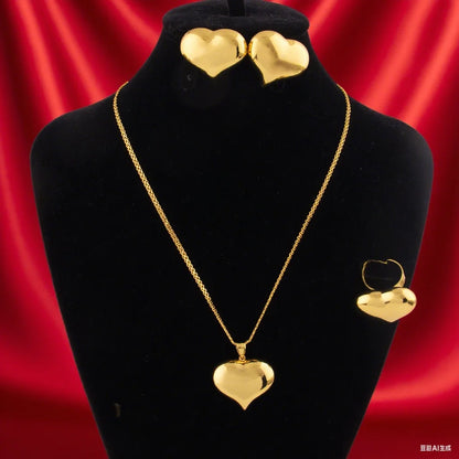 Gold-Tone Stainless Steel Minimalist Heart Jewelry Set for Women Chic Daily Wear Earrings Necklace Ring Combo Gift
