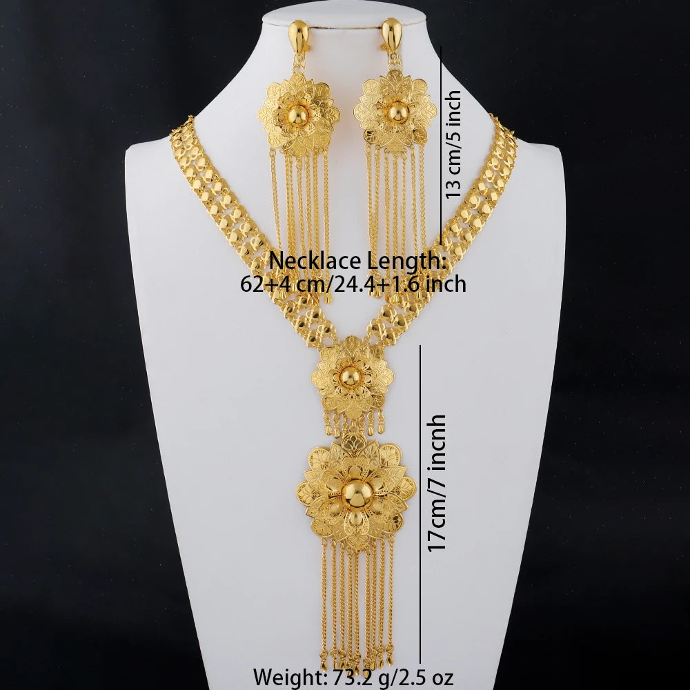 24K Gold Color Long Chain Necklace Earrings Set New Indian Nigerian Bridal Wedding Ethiopian Luxury Party Jewelry Wholesale Gift