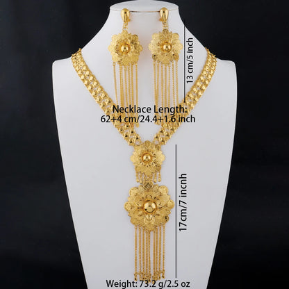 24K Gold Color Long Chain Necklace Earrings Set New Indian Nigerian Bridal Wedding Ethiopian Luxury Party Jewelry Wholesale Gift