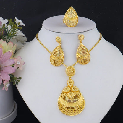 Dubai 24K Gold Color Geometry Necklace Earrings Ring Set  Elegant  Jewelry  For Women Two Piece Jewelry Wholesale free shipping