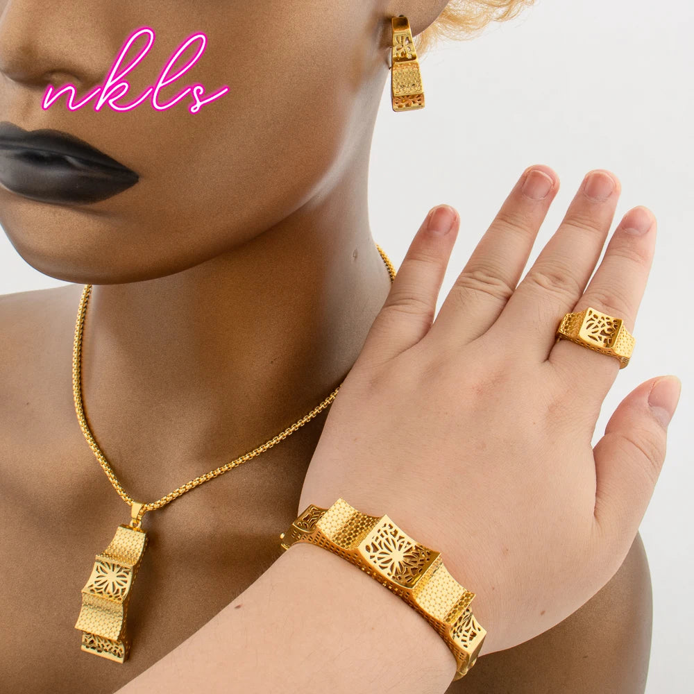 Italy  Plated Jewelry Sets For Women Fashion Jewelry Pendant Necklace Hoop Earrings Cuff Bracelet Ring Set Party Gift