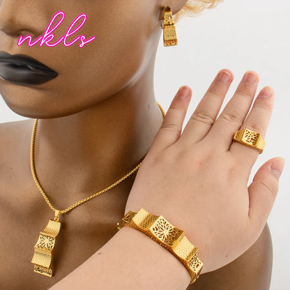 Italy  Plated Jewelry Sets For Women Fashion Jewelry Pendant Necklace Hoop Earrings Cuff Bracelet Ring Set Party Gift