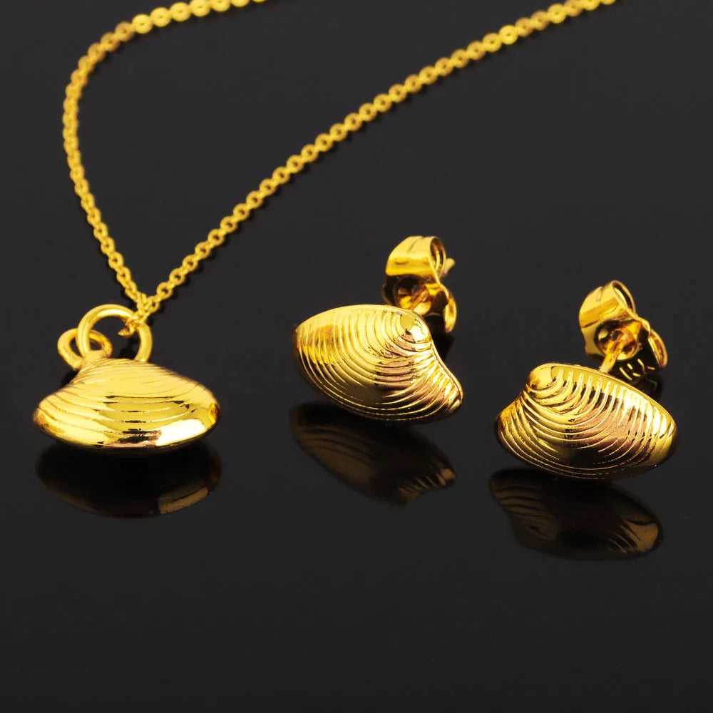 Nigeria Shell-Pendant Chain & Simple Earrings Set, Stainless Steel Necklace for Women, Party Wedding Easter Gift
