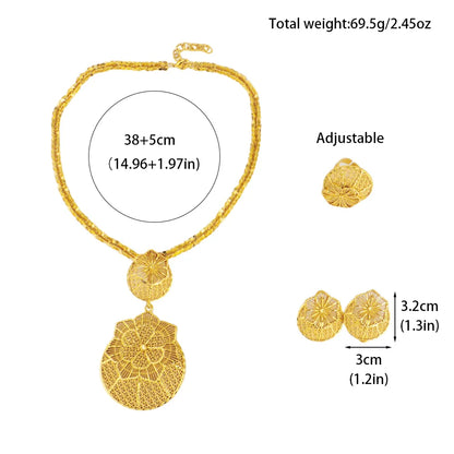 Delicate gold-tone floral necklace & drop earrings set, Indian-inspired filigree, lightweight alloy, Dubai chic for party evenin