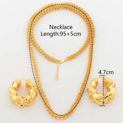 Dubai Gold Plated Jewelry Set Copper Bold Earrings for Women African Long Chain Necklace 45/60/80/100mm Wedding Bridal Jewelry